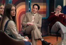 Laura Gordon, Ingrid Torelli, David Dastmalchian, and Ian Bliss in Colin Cairnes and Cameron Cairnes’ LATE NIGHT WITH THE DEVIL.