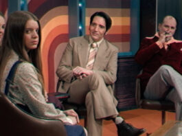 Laura Gordon, Ingrid Torelli, David Dastmalchian, and Ian Bliss in Colin Cairnes and Cameron Cairnes’ LATE NIGHT WITH THE DEVIL.