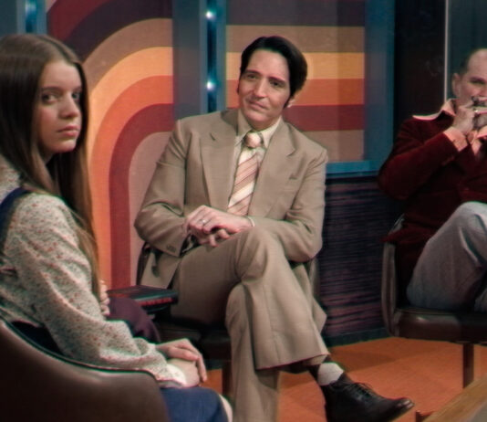 Laura Gordon, Ingrid Torelli, David Dastmalchian, and Ian Bliss in Colin Cairnes and Cameron Cairnes’ LATE NIGHT WITH THE DEVIL.