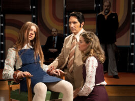 Ingrid Torelli, David Dastmalchian, and Laura Gordon in Colin Cairnes and Cameron Cairnes’ LATE NIGHT WITH THE DEVIL