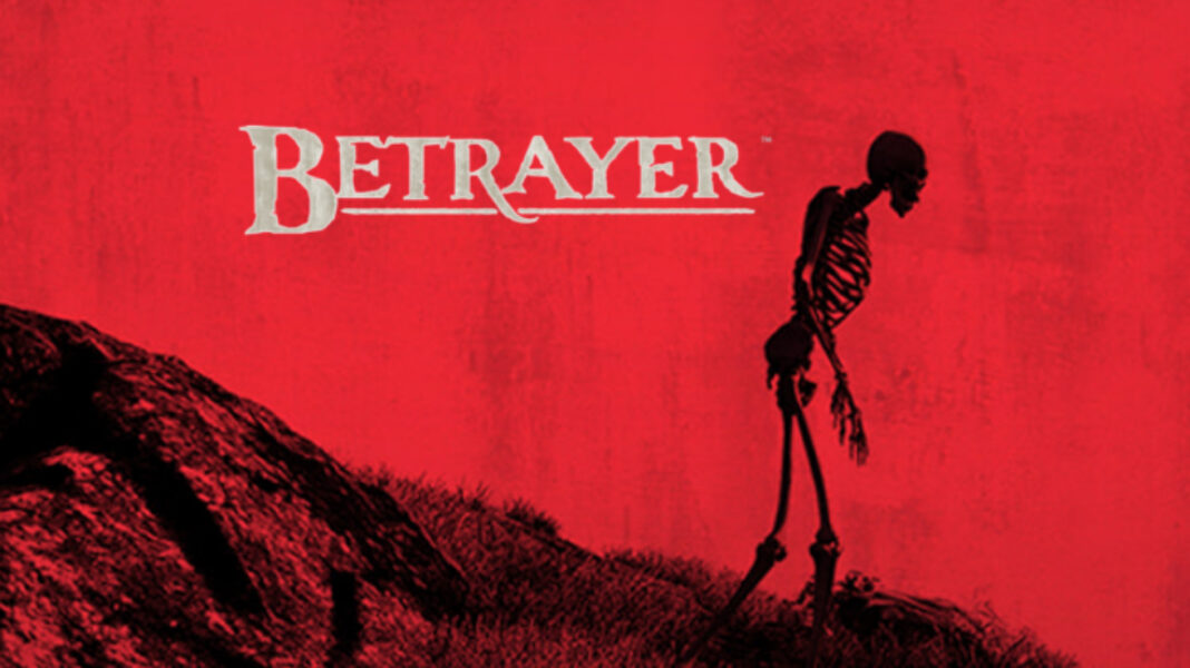 A skeleton walking against a red background in a promotional image for Betrayer.