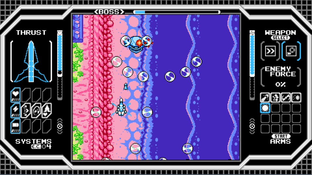 A boss fight set on a beach in Astrolancer.