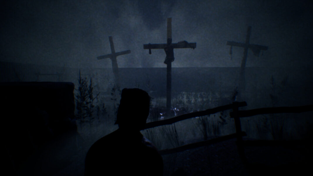 CRUELTY - Protagonist standing in field A hooded man looking out at crucifixes in a field