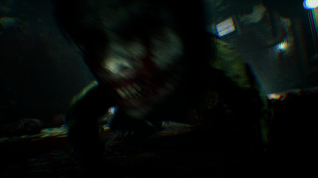 A terrifying girl with bloody teeth crawling towards the camera.