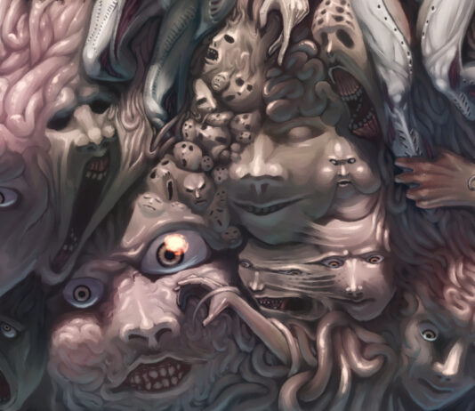 The banner art for Angel at Dusk depicting a grotesque flesh monster.