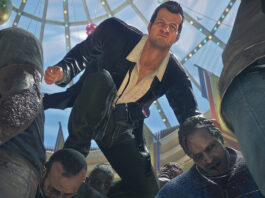 Frank West riding a wave of zombies in Dead Rising Deluxe Remaster