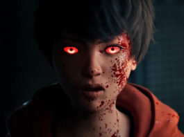 Julee covered in blood with glowing red eyes in Slitterhead