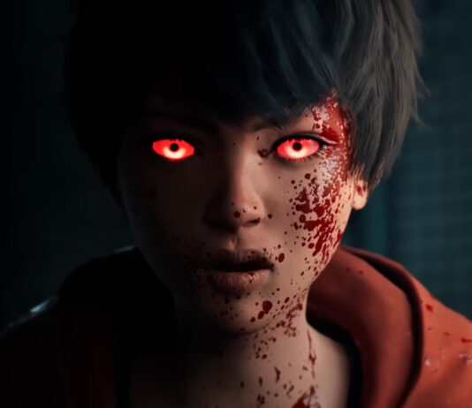 Julee covered in blood with glowing red eyes in Slitterhead
