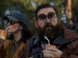 Aisling Bea and Nick Frost in Steffen Haars’ GET AWAY. Courtesy of IFC Films and Shudder. An IFC Films and Shudder Release.