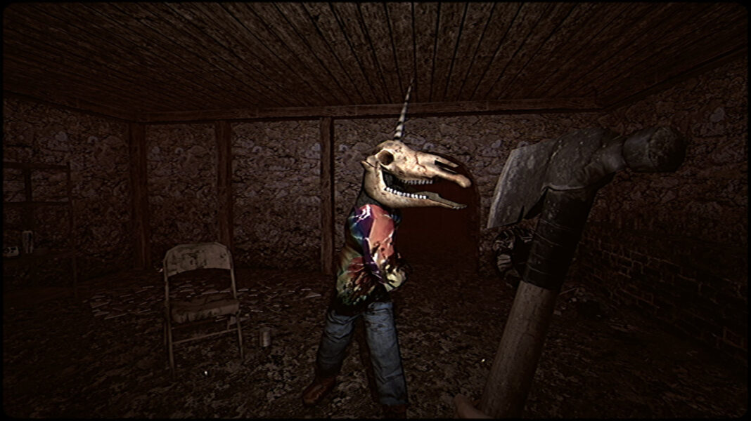 A cultist wearing a pony skull attacking the player in Butcher's Creek