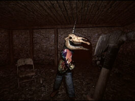 A cultist wearing a pony skull attacking the player in Butcher's Creek
