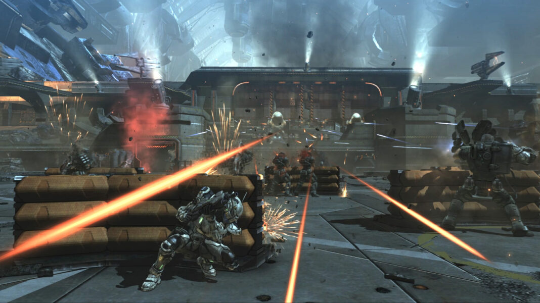 Sam Gideon hiding behind cover against a hail of bullets in Vanquish