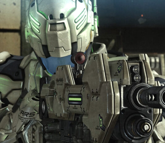 Sam Gideon pointing his gun at the camera in Vanquish