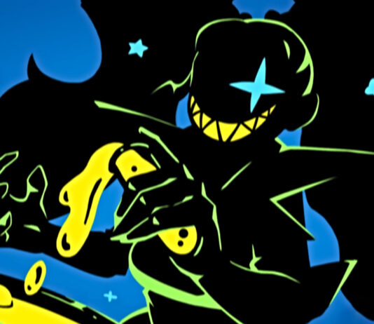 A grinning mad scientist pouring chemicals in Flesh Psychosis