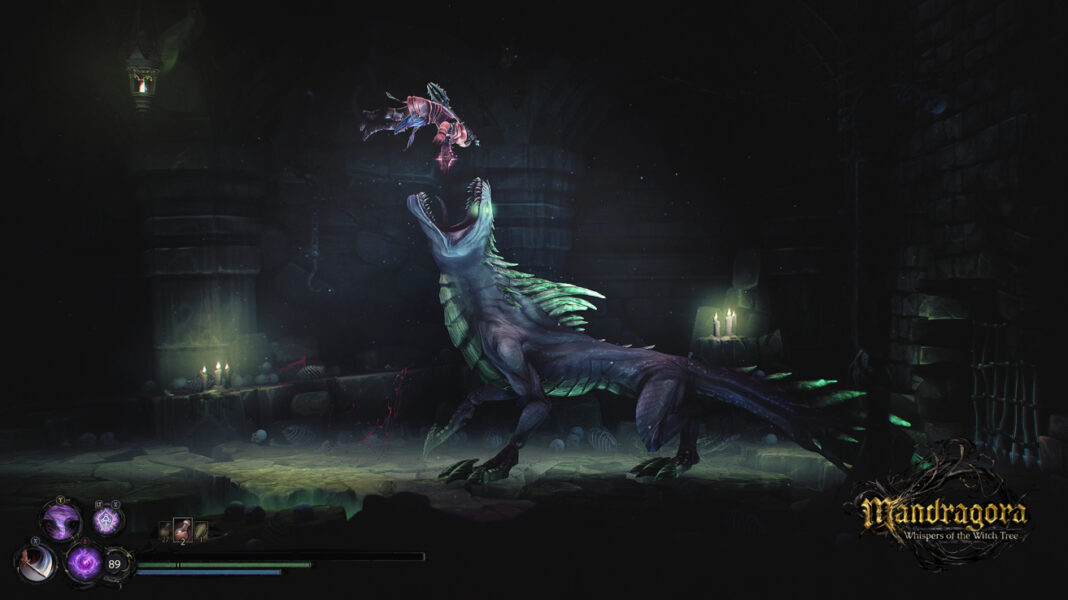 The player character being eaten by a monster in Mandragora: Whispers of the Witch Tree