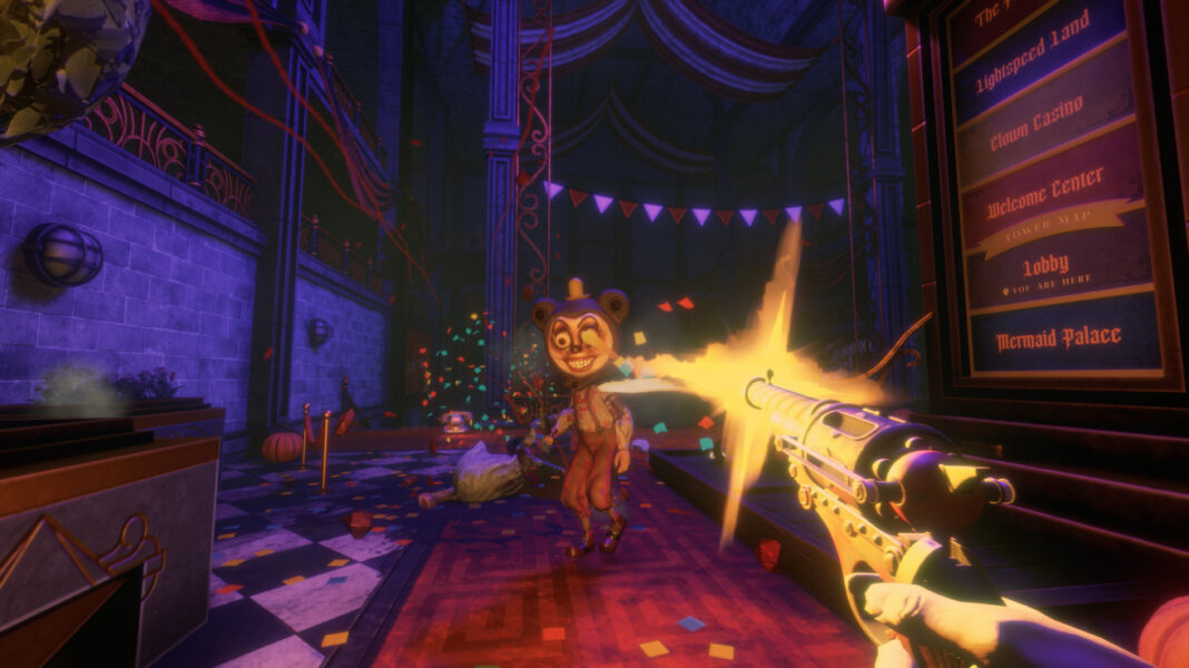 The player firing a revolver at an evil bear mascot in Twisted Tower