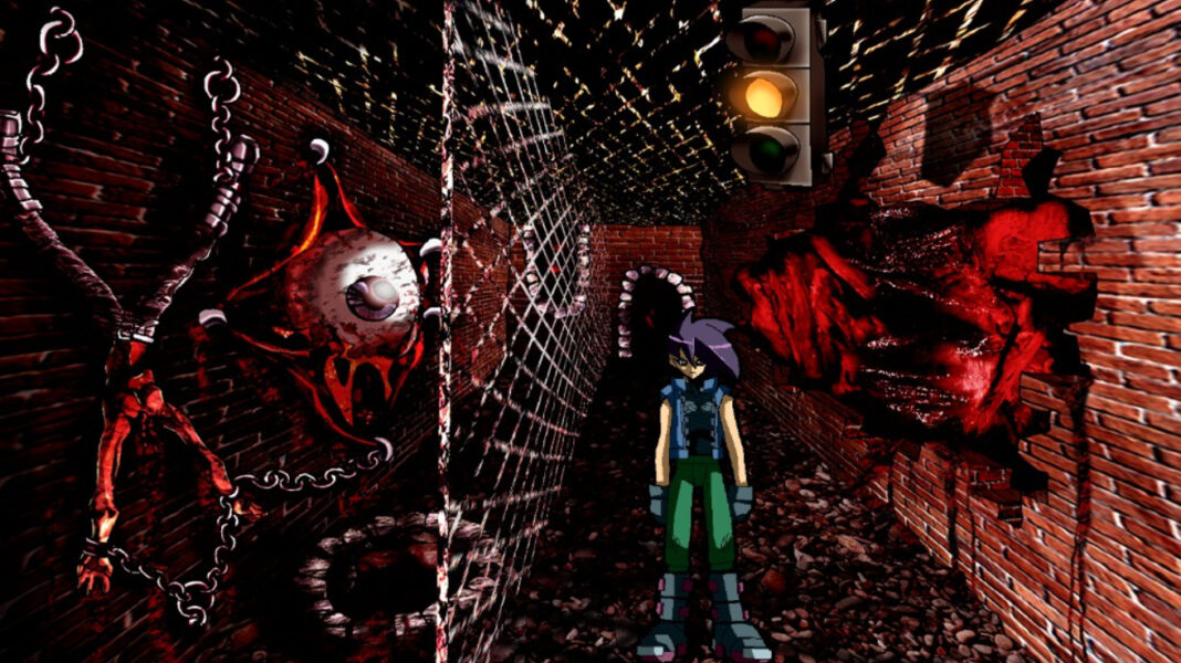 A surreal horror scene featuring brick walls, disembodied eyes, and corpses in The White Chamber