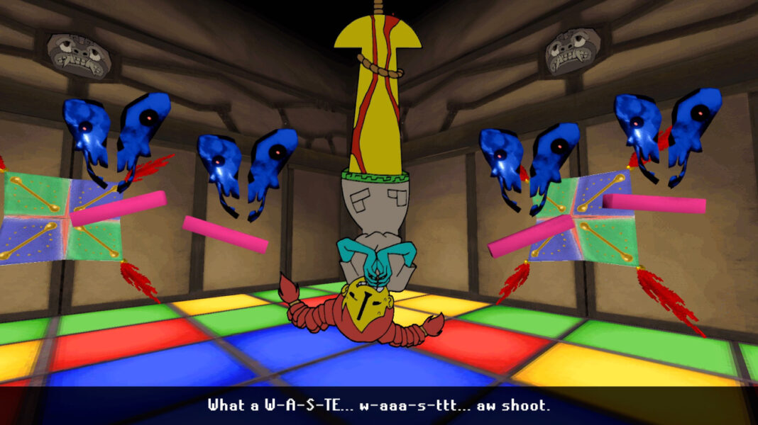 A yellow mermaid girl dangling from the ceiling in ENA: Dream BBQ