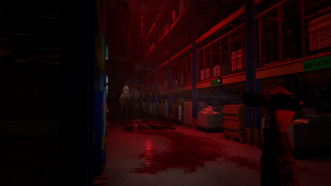 The player hiding from a monster in a bloody aisle in Order 13