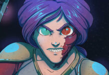 Caroline Page facing off against a mysterious alien in Viscerafest