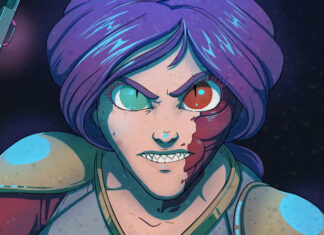 Caroline Page facing off against a mysterious alien in Viscerafest