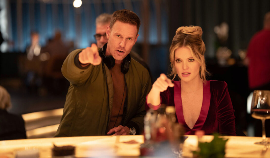Christopher Landon and Meghann Fahy filming Drop (2025)