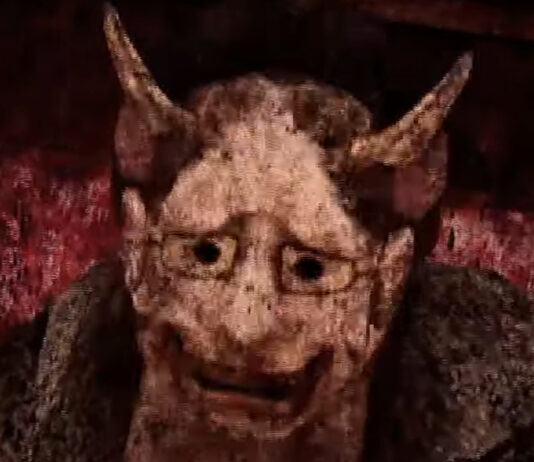 A mysterious man wearing an oni mask in Labyrinth of the Demon King