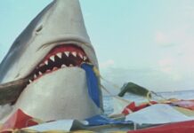 A shark eating a raft from Cruel Jaws (1995)