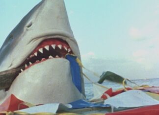 A shark eating a raft from Cruel Jaws (1995)