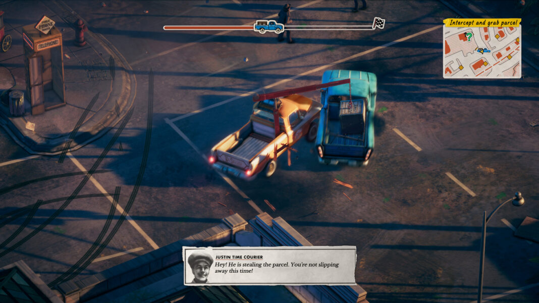 Winston stealing a parcel from a competing company in Deliver At All Costs