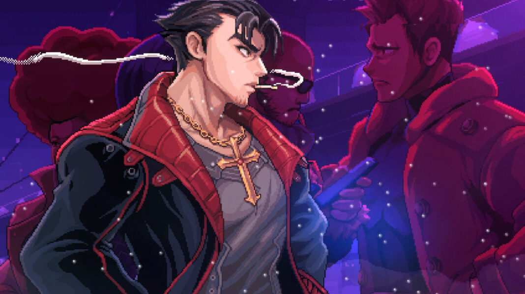 Neon Inferno - Angelo Morano Angelo Morano smoking a cigarette while walking by civilians in Neon Inferno