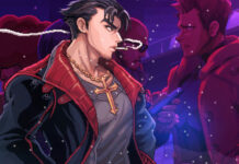 Angelo Morano smoking a cigarette while walking by civilians in Neon Inferno