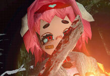 Lacey holding a bloody cleaver in the woods in SSR Wives