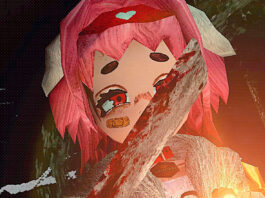 Lacey holding a bloody cleaver in the woods in SSR Wives