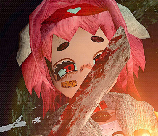 Lacey holding a bloody cleaver in the woods in SSR Wives