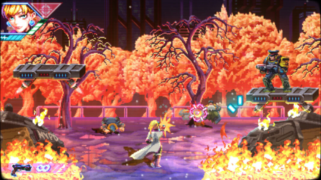 Mariana Vitti attacking a foe in a burning park in Neon Inferno