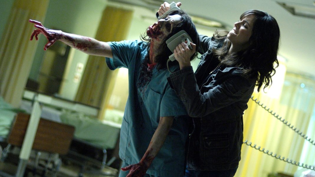 A woman using a defibrillator on a zombie in Diary of the Dead (2007).