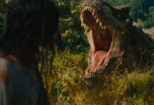 A T-Rex yawns in Jurassic World Rebirth