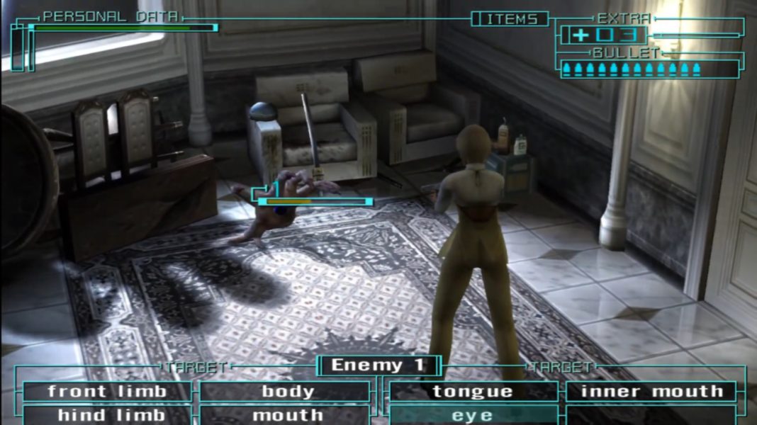 Rio fighting a grotesque hand monster in Lifeline (2003)