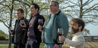 L-R Michael C. Hall as Dexter Morgan, David Dastmalchian as Gareth, Eric Stonestreet as Al and Peter Dinklage as Leon Prater in Dexter Resurrection, episode 7, season 1