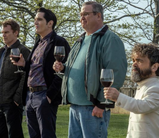 L-R Michael C. Hall as Dexter Morgan, David Dastmalchian as Gareth, Eric Stonestreet as Al and Peter Dinklage as Leon Prater in Dexter Resurrection, episode 7, season 1