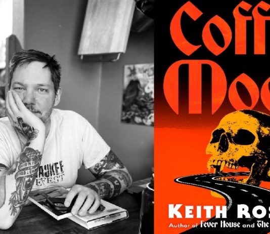 A photograph of Keith Rosson and the cover of Coffin Moon
