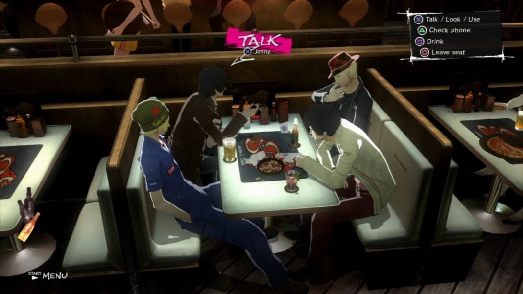 Vincent talking with his friends at the Stray Sheep bar in Catherine (2011)