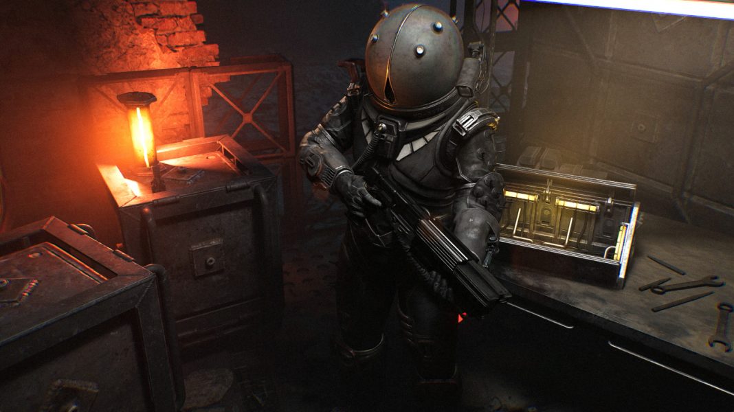 The Traveler standing at a workbench with a shotgun in Cronos: The New Dawn