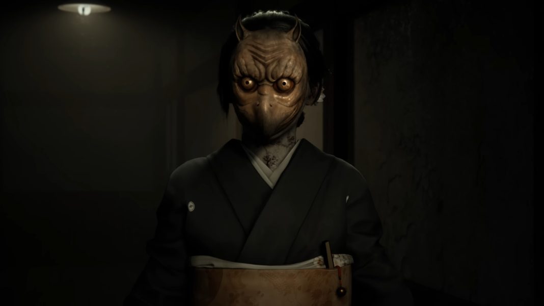 A mysterious mask-wearing woman staring at the viewer in Silent Hill f