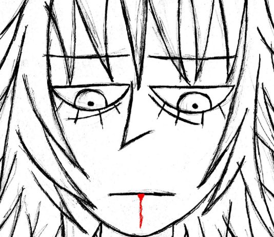 A nameless woman looking down at her hands in Paper Bleed