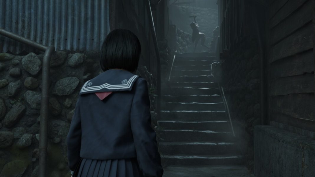 Hinako discovering a writhing monster on a staircase in Silent Hill f