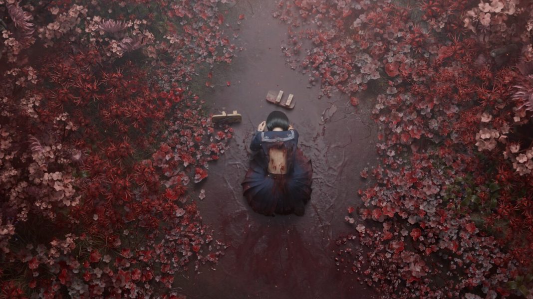 Hinako hunched over and staring at bloody sandals in Silent Hill f