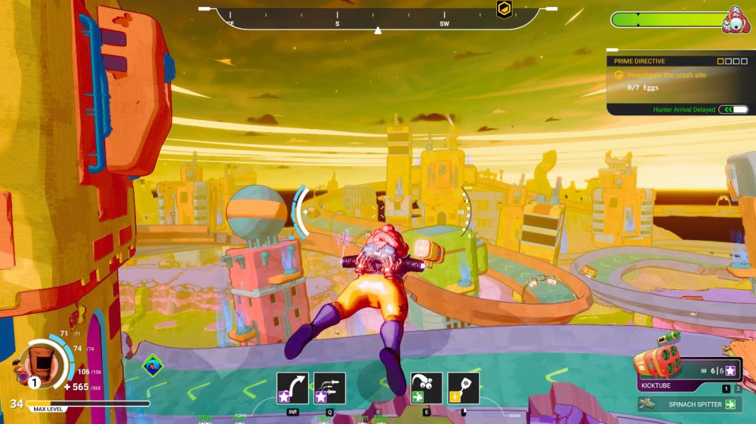 The player flying around a yellow alien city in SWAPMEAT