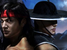 Liu Kang and Kung Lao back to back in a promotional photo for Mortal Kombat Shaolin Monks